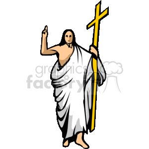 The clipart image depicts a stylized representation of a figure holding a large cross. The figure is draped in a flowing white garment, which suggests a robe, and has a notably serene expression. The cross, accented in yellow, could symbolize the Christian faith.