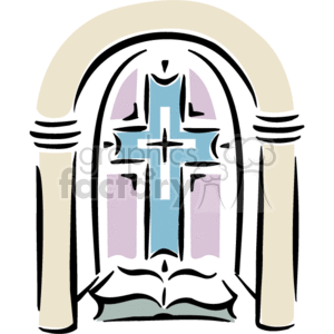 The clipart image depicts a stylized representation of a Christian church window featuring a cross, which is possibly made of stained glass. There are architectural elements suggesting the arched shape of a church window, and beneath the window, an open book is shown, which could symbolize the Bible or other religious texts.
