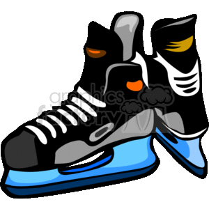 The clipart image depicts a pair of ice hockey skates. The skates are predominantly black with distinctive white and orange accents, and blue blade holders. They are designed specifically for playing the sport of hockey on an ice surface with features appropriate for stability, speed, and maneuverability.