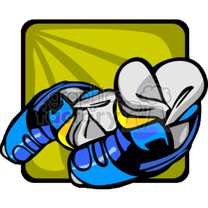 The clipart image features a pair of blue and black ski boots with white trim, resting against each other. Behind the boots are two skis with the same color scheme, crossed in an X shape. The background is a stylized yellow square with a radiant gradient, giving the impression of sunlight or brightness, possibly representing the outdoor nature of skiing.