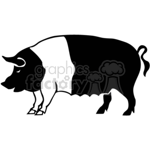 The clipart image depicts a stylized two-tone (black and white) silhouette of a pig. It is a side profile view showing features like the pig's snout, ears, body, and tail. The design appears to be simple and clean, suitable for vinyl cutting or graphic design purposes, particularly for those themed around farm animals or related to pork products.