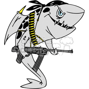 The image is a cartoon depiction of a shark dressed as a pirate, holding an automatic rifle. The shark has a large, menacing smile with sharp teeth, one eye covered with a pirate-style eye patch, a bandana on its head, and a bandolier of bullets draped over its body.