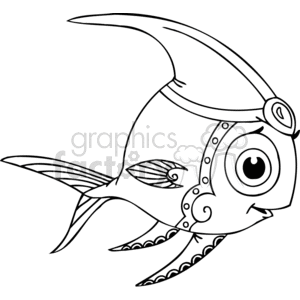 The image is a black and white clipart drawing of a cartoonish fish with exaggerated, friendly features. The fish is wearing a headband with what seems like a decorative element or a light at the front, which could be interpreted as a reference to deep-sea or anglerfish, although in a humorous and cute style. The fish is looking directly at the viewer with a big, round eye, and it has a playful smile.