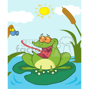 The clipart image features a cartoon scene with a humorous touch, depicting a green frog sitting relaxed on a lily pad in a body of water, possibly a pond or swamp. The frog has exaggerated large, round eyes with orange irises and is catching a blue, cartoonish fly with its pink tongue. In the background, there's a sun shining in a blue sky with white clouds, and a brown cattail plant is also visible to the right side of the image.