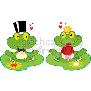 The clipart image depicts two cartoon frogs dressed in wedding attire, suggesting a humorous take on a frog wedding. The frog on the left wears a black top hat and a black bow tie, while the frog on the right wears a golden crown and a white veil, complete with red lipstick. Each frog sits on a separate lily pad adorned with a flower— one yellow and one red. There are also small stones around their lily pads. Above the frogs, there are small red hearts, indicating love between them.
