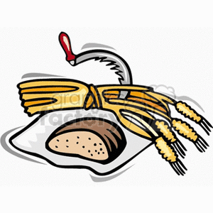 In this clipart image, we see a sheaf of golden wheat tied together with a few loose stalks, a sickle with a red handle, and a piece of wheat bread resting on what appears to be a white cutting board or a piece of cloth. The sickle is positioned to suggest the harvest of the wheat, while the bread represents the food produced from the grain.