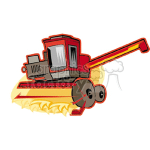 This is a clipart image of a red combine harvester at work in a grain field. The combine appears to be harvesting the grain, as depicted by the yellowish color at the base, which represents the cut grain.