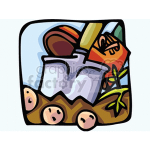 The clipart image features garden-related elements such as potatoes, both in the ground and harvested; gardening tools like shovels; and possibly other vegetables or elements of a garden such as plants or flowers. It appears to represent an agricultural or gardening theme focused on the planting or harvesting of potatoes.