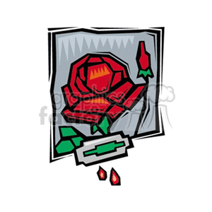 The clipart image depicts a stylized red rose with a full bloom and a rosebud, accompanied by green leaves and two red rose petals falling. The entire illustration is framed within a gray border giving it a distinct outlined appearance.