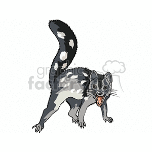 The image is a clipart illustration of a spotted animal resembling a musteline, which is the family that includes weasels, ferrets, otters, and related animals. Despite the keyword fox, this animal does not resemble a fox, which is typically characterized by a more elongate snout and bushier tail. The animal in the clipart has a rounded face, large ears, and a striped tail, which is more indicative of some mustelids. However, this appears to be a stylized or fictional representation and may not accurately depict any real species.