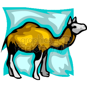 This is a stylized clipart image featuring a camel. The camel appears to have a brown and yellow body with a distinct hump, which is characteristic of these animals known for their ability to traverse desert regions. The background of the image seems to represent an abstract, simplified portrayal of a desert environment, suggested by the wavy blue and white elements that could be interpreted as a mirage or heat distortion typically encountered in desert climates.