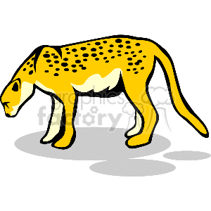 The image is a simple, stylized clipart representation of a spotted feline, resembling a leopard or a jaguar, which are both big cats typically found in jungle environments. The animal is depicted in side profile, with yellowish fur covered in black spots, indicative of the pattern you might find on these types of wild cats. There is no complex background, just a simple shadow under the animal to give the sense of it standing on a surface.