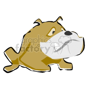 The clipart image depicts a cartoon-style bulldog. The dog is brown with a lighter brown stomach and a significant white muzzle. It looks to be in a sitting or crouching position, featuring the characteristically broad head and furrowed brow associated with bulldogs. Its expression appears slightly grumpy or serious.