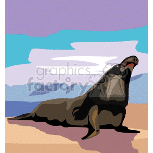 The clipart image depicts a walrus sitting on a beach with a body of water and a light purple sky in the background.