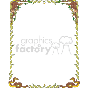 The image depicts a decorative border with a jungle theme. At the top corners of the border, there are two monkeys hanging down from what seems to be vines or branches, reaching for a piece of fruit. The side borders are adorned with a pattern of leaves, giving the impression of vines or a vegetative column. Along the bottom border, there are two snakes positioned at opposite corners, giving the appearance that they are slithering across the frame from both sides towards the center. The entire border surrounds a blank space, which could be used to frame some text or another image, making it suitable for travel-themed documents, invites for jungle-themed events, or educational materials about wildlife.