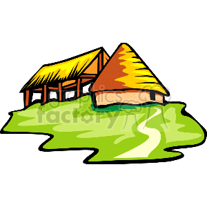 The clipart image depicts a stylized representation of a thatched-roof hut situated on a patch of grass. This simple structure could be interpreted as a quaint cottage or rural house, often associated with a countryside setting. The image conveys a sense of simplicity and pastoral life. There are no bridges, islands, other homes, or buildings present in the image.