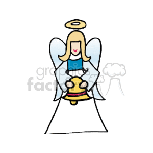 The clipart image depicts a simplified, cartoon-like illustration of an angel typically associated with Christmas decorations. The angel has blonde hair, is wearing a long white robe with blue sleeves, and has a pair of wings. The angel is also holding a bell and has a halo above its head.