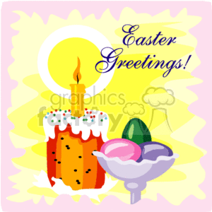 The image is a colorful Easter-themed clipart featuring a lit Easter candle with a bright flame, set atop what appears to be a cake or bread, which is decorated with sprinkles. Next to the candle, there is a bowl filled with decorated Easter eggs in various colors. The background consists of a radiant yellow aura around the candle, suggesting warmth and light, and the image includes the festive message Easter Greetings! in a decorative font.