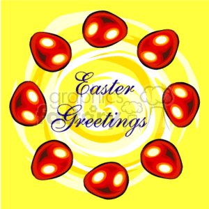 The clipart image features a vibrant, celebratory Easter theme. There are multiple glossy red Easter eggs arranged in a circle around a golden, swirling pattern. At the center of the swirl, there is a text that reads Easter Greetings in a decorative font. The background is a cheerful yellow, enhancing the festive feel of the image.