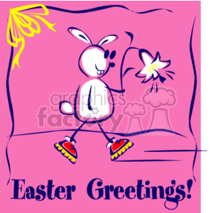 The image shows a stylized, happy Easter bunny walking and holding a flower. The bunny is white and appears to be wearing shoes with red and yellow details. The frame around the bunny is pink, and the text Easter Greetings! is prominently displayed. A decorative yellow element is in the upper corner, resembling a bow or possibly the sun