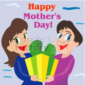 The clipart image features two cartoon-style figures, presumably a mother and her child, smiling and looking at each other. The child is holding a yellow gift with a green bow around it. Above them, there's text that says Happy Mother's Day! signifying the celebration of Mother's Day. The background has a simple depiction of a blue sky with some floating clouds.