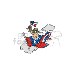 The clipart image features a stylized cartoon of a pilot in vintage American-themed attire, flying an old-fashioned airplane adorned with stars and stripes similar to the American flag. The pilot is holding an American flag while wearing goggles and a helmet, suggesting a patriotic theme often associated with Memorial Day, Veterans Day, or International Patriotic events. The plane emits puffs of cloud, indicating motion, and the pilot's expression is one of determination and vigor, common in representations of military or veteran pride.