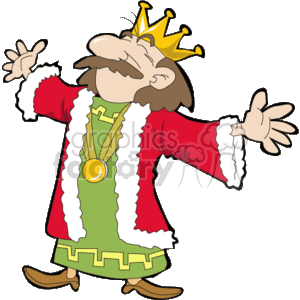 The clipart image depicts a cartoonish, stylized king. The key elements in this image are:
- A man with a mustache and a happy expression wearing a crown
- The king is dressed in a regal robe that is red with white fur trim and features a green garment underneath
- He has a golden medallion or necklace around his neck
- He is gesturing with his hands open
- The style of the clothing suggests a medieval theme