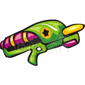 The image is a colorful, stylized illustration of a fictional, futuristic gun that could resemble a laser or plasma weapon typically found in science fiction media. It has a green body with yellow and pink accents, and features that suggest advanced technology, possibly alien in design.