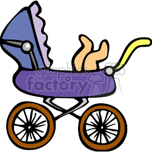 The image depicts a colorful clipart representation of a baby stroller. Visible in the stroller is a baby's feet sticking up, implying the presence of a baby lying inside. The stroller is illustrated with a purple body, a blue canopy, a yellow handle, and black and white wheels.