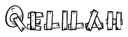 The clipart image shows the name Qelilah stylized to look as if it has been constructed out of wooden planks or logs. Each letter is designed to resemble pieces of wood.