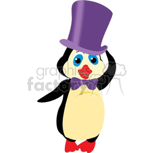 The clipart image features a cartoon penguin dressed in a playful and fancy manner. The penguin is wearing a purple top hat, a purple bow tie, and red shoes. Its face has exaggerated features with blue eyes and a red heart-shaped mouth, giving it a charming and humorous appearance.