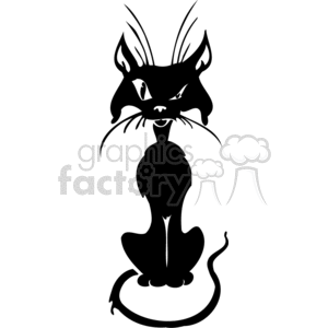The clipart image depicts a stylized black cat in a sitting position. The cat has exaggerated features: large pointed ears, prominent whiskers, and a somewhat menacing expression with fierce eyes. It is a silhouette design, commonly associated with Halloween due to the cat's posture and expression, which convey a sense of mystery or spookiness.