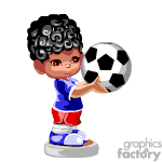 The clipart image shows an animated character of a young boy with curly black hair, holding a soccer ball. He is wearing a blue shirt with white sleeves, red shorts, and blue and white soccer cleats.