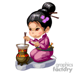The clipart image features a cartoon of a young girl in traditional East Asian attire, possibly a kimono, with her hair tied up in a bun and decorated with flowers. She is sitting on her knees on a cushion and is using chopsticks to eat from a bowl. In front of her is a small cooking pot or stove with flames visible underneath it.