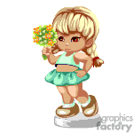 In the clipart image, there is a cartoon or animated character of a small girl with blonde hair. She is holding a bouquet of flowers and is dressed in a light green top and a darker green skirt. She is also wearing white shoes and appears to be standing on a small pedestal or base.