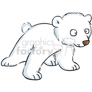 The image is a clipart illustration of a young, cute polar bear cub. The bear cub is primarily white with some shading to indicate its body shape and fur texture. It has black eyes, a black nose, and a small, tan-colored inner ear detail. The cub appears playful or inquisitive, and has rounded ears and a small tail.