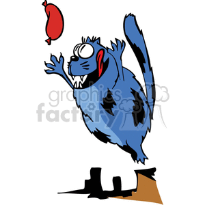 This clipart image features a highly stylized, cartoonish depiction of a blue cat with large, googly eyes and pointed ears, leaping or jumping with its arms outstretched towards a red sausage that is floating in the air. The cat appears to be excited or eager, presumably because it is hungry and wants the sausage. There are black patches on the cat's fur, and it has a bit of a wild, frenzied look, adding to the comedic effect. The background is plain white, with a simple representation of a shadow under the cat, suggesting that it is off the ground.