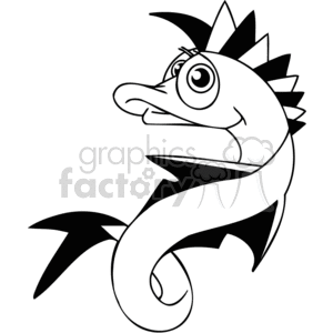 The image is a black and white clipart illustration of a cartoon eel. It features a stylized eel with a playful expression, large spiraling eyes, and spiky fins along its back. The eel's body curves in a flowing, dynamic shape, suggesting movement.