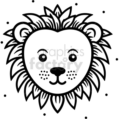 The clipart image displays a stylized illustration of a baby lion's face. It features prominent characteristics such as a mane that is simplified with leaf-like shapes, a cute facial expression with big eyes, a small nose, and a tiny mouth. The drawing is done using black outlines, and it's a very clean, child-friendly depiction.