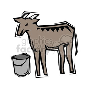 This clipart image features a simplified representation of a cow with a distinctive pattern and a single, handled bucket, or pail, next to it.