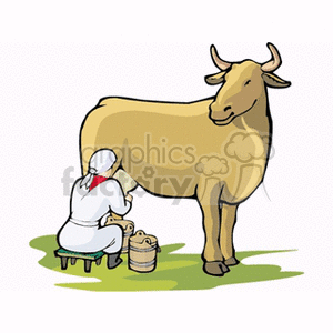 The image depicts a farmer milking a cow. The cow is standing on a patch of grass, and the farmer, dressed in white with a headscarf, is sitting on a stool. There are two wooden buckets near the farmer, one likely to collect the milk. The style is illustrative and seems to be designed for purposes such as education, agricultural promotion, or decoration.
