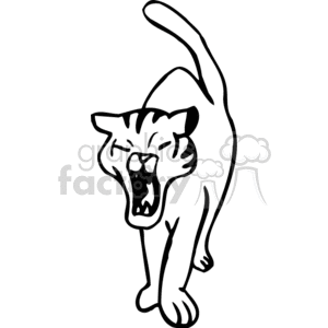 The clipart image shows a domestic cat in the middle of a stretch, with its mouth wide open in a yawn. The feline appears relaxed and content, a common behavior for cats when they are comfortable in their environment. The image depicts the cat with an arched back and extended front legs, which is typical of a cat's stretch after resting.
