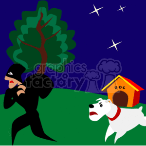 The clipart image depicts a nighttime scene in which a thief is sneaking around with a sack over his shoulder. There is a white dog with a collar barking at him. Behind the dog is a dog house labeled DOG. The background shows a dark tree silhouetted against a dark blue sky dotted with white stars.
