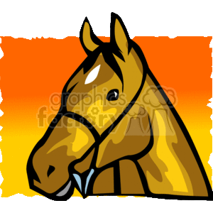 The image is a stylized clipart of a horse's head. The horse is brown with darker brown and black accents, indicating mane and features. The background is a gradient of yellow to orange, suggesting a sunset or sunrise, which is typical of a scenic backdrop one might associate with a farm or rural setting.