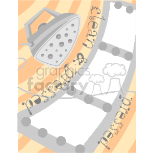 The clipart image has a motif related to ironing. The border frame is decorated with illustrations of an iron. It is depicted with steam holes, indicative of steam irons. The border itself has a filmstrip look with circular connectors, giving it a creative aesthetic. This theme is typically associated with household chores and laundry tasks.