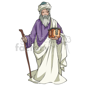 The clipart image depicts one of the Three Kings or Wise Men, often associated with the nativity story during Christmas. The figure is wearing royal and traditional attire, holding a staff in one hand and a box, which could be interpreted as a gift or offering, in the other hand.