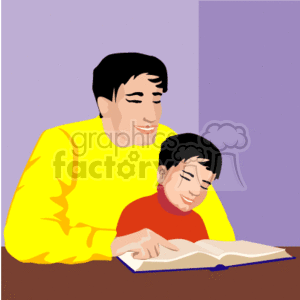This image features a father and son spending quality time together. The dad, in a yellow shirt, is looking affectionately at his child, while the son, wearing a red shirt, is focused on reading a book laid out on the table in front of them.