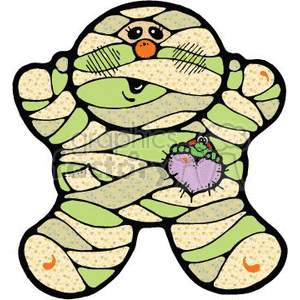 The clipart image shows a cute and funny interpretation of a Halloween mummy. The mummy is generally in shades of pale green and yellow, wrapped in bandages, and has an orange nose. Instead of being scary, the mummy has a cute appearance with big eyes. There is also a small purple heart with what appears to be a frog sitting on top of it