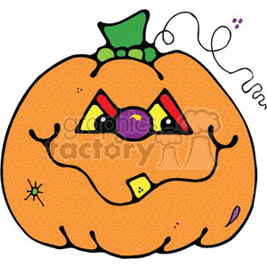 The image is a cartoon depiction of a Halloween pumpkin, also known as a jack-o'-lantern. The pumpkin is orange with a green stem on top. It has a whimsical face carved into it, with triangles for eyes which appear to be colored in red and yellow, with a purple area that could be interpreted as a nose, and the mouth is styled in a squiggly line with a tooth sticking out, adding to the playful look of the pumpkin. 
