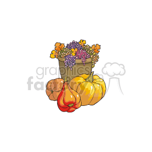 This clipart image features an array of pumpkins and gourds typically associated with Thanksgiving and autumnal decor. There is a bucket filled with various flowers and foliage. The pumpkins and gourds vary in color, suggesting a diversity of squash species often used for holiday decorations.